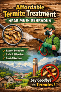 Affordable termite treatment near me in Dehradun showing professional pest control service eliminating termites from wooden surfaces