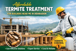 Affordable Termite Treatment for Builders Near Me in Dehradun showing professional pre-construction anti-termite spray at a construction site.
