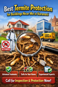 Best termite protection for buildings near me in Varanasi showing pest control technician inspecting termites in soil with residential and commercial buildings in background