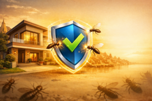 Affordable Anti Termite Treatment Near Me in Varanasi protecting modern home with termite shield illustration