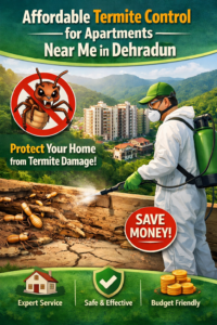 Affordable Termite Control for Apartments Near Me in Dehradun with pest control technician spraying anti-termite treatment in residential building area