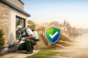 trusted termite control company near me in Varanasi-Professional pest control technician inspecting the foundation of a modern home in Varanasi with termite protection shield and termite control treatment equipment.