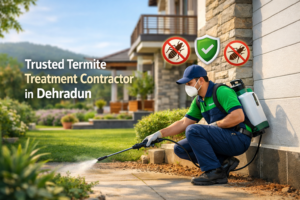 trusted termite treatment contractor near me in Dehradun -  Professional termite control technician applying anti-termite treatment around a house foundation in Dehradun, India.