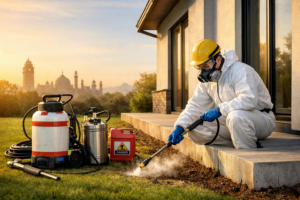 Best Post Construction Anti Termite Treatment Near Me in Saharanpur - Professional pest control technician in protective gear applying post-construction anti-termite treatment around the foundation of a modern house in Saharanpur.